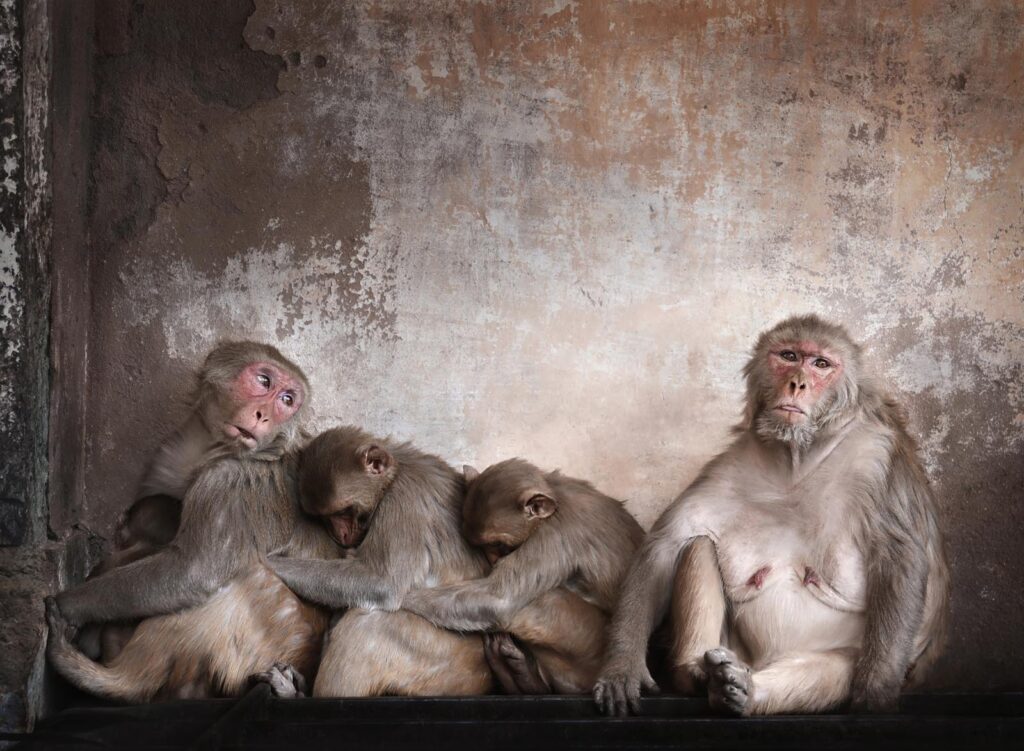 Monkey Family Close-up of monkeys sitting in Monkey Temple, Jaipur, India - stock photo