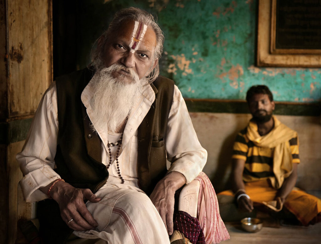 Monkey Temple Close-up portrait of Indian man, Monkey Temple, Jaipur, India - stock photo